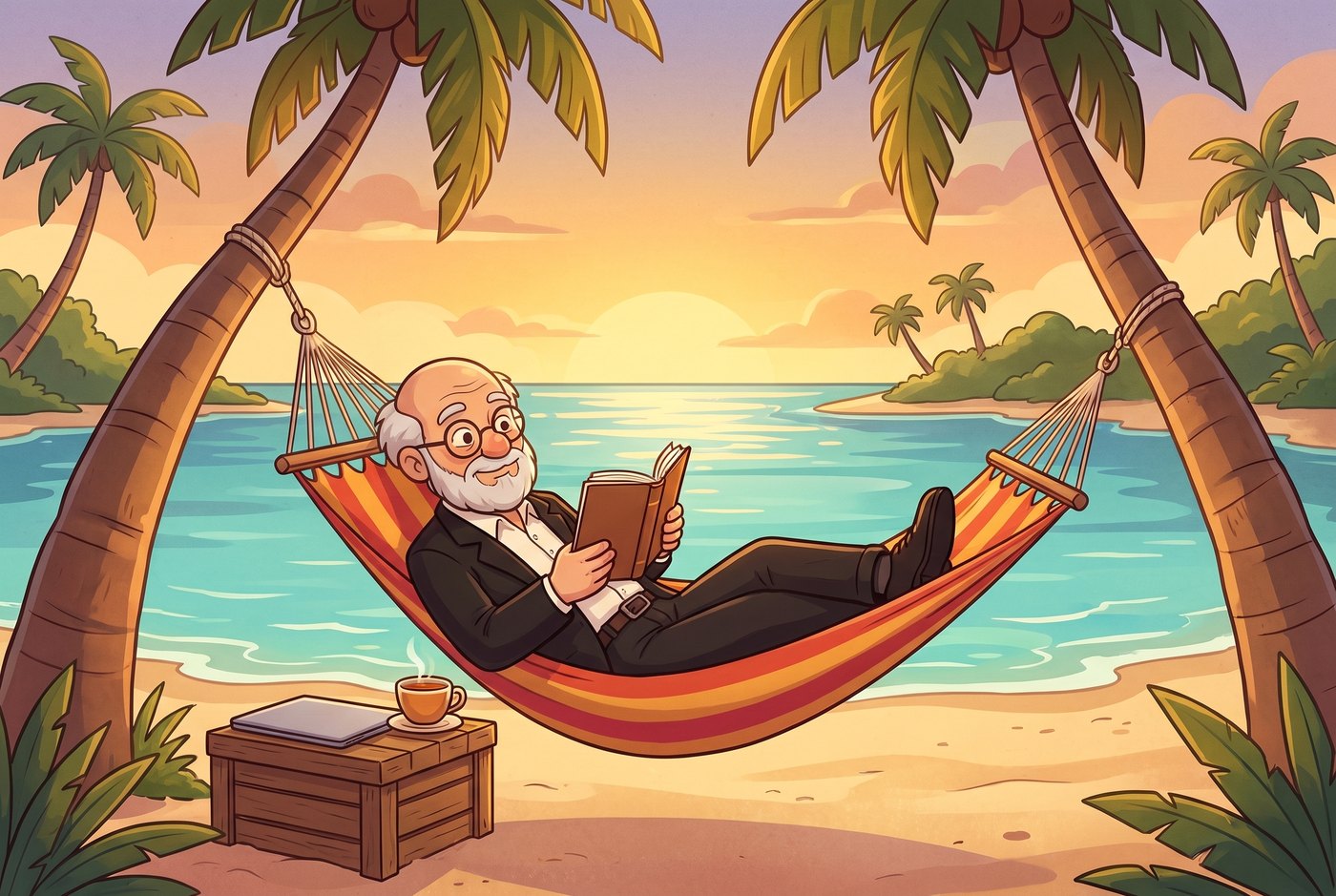 The Professor reading in a hammock by the lagoon
