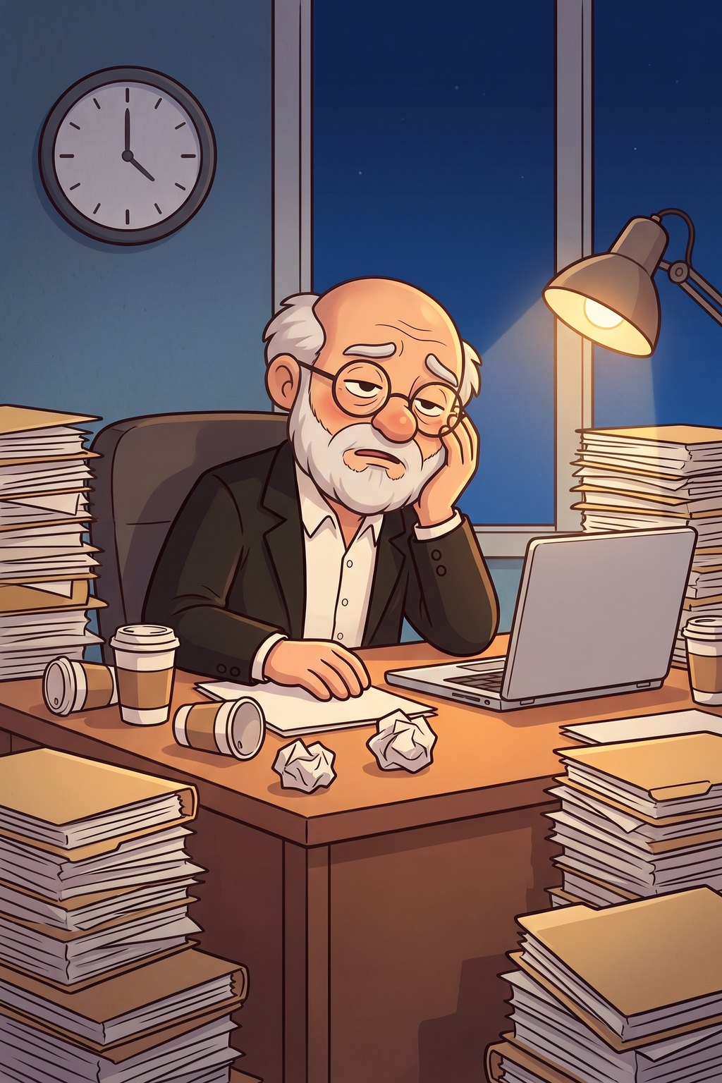 The Professor, exhausted at his desk late at night behind towering stacks of paperwork and empty coffee cups